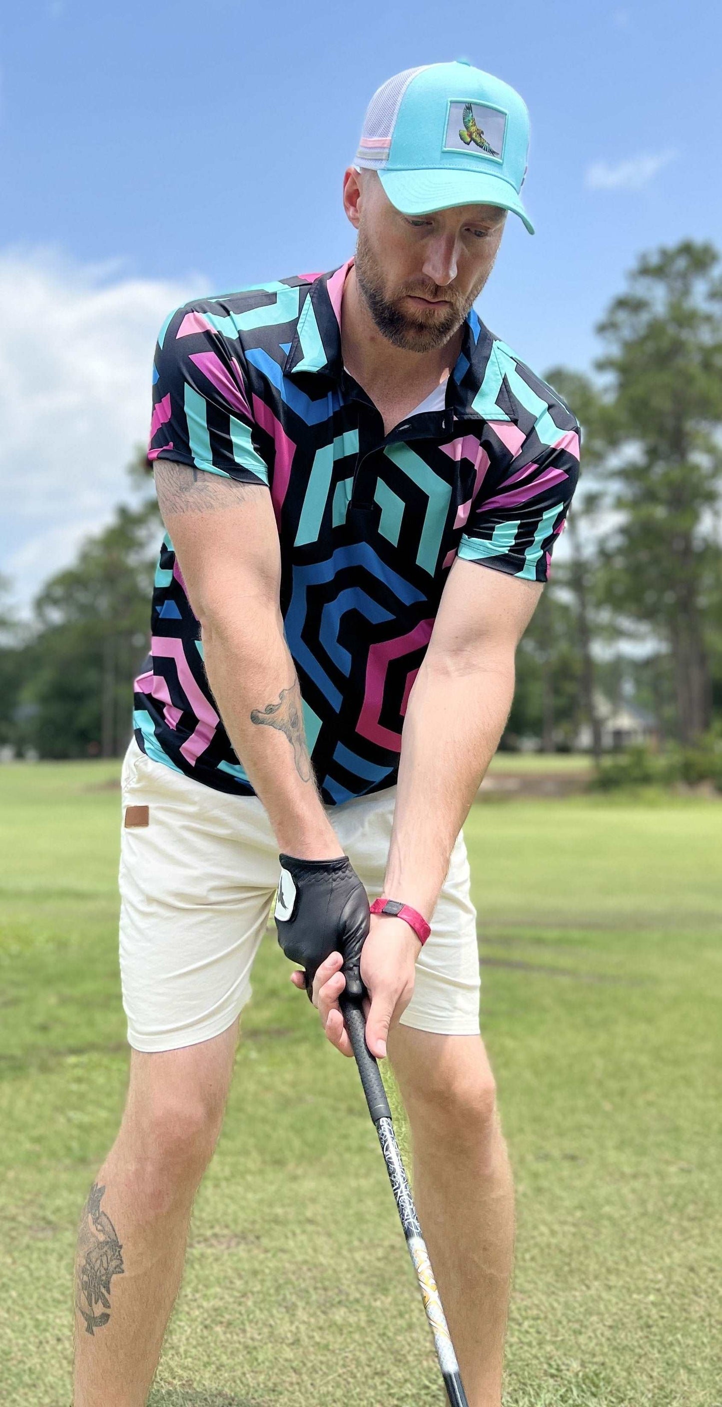 KEA Golf Men's Athletic Fit Golf Shirt "Hex Pro". multi colored golf polo. pink golf polo. blue golf shirt. fun pattern golf shirt