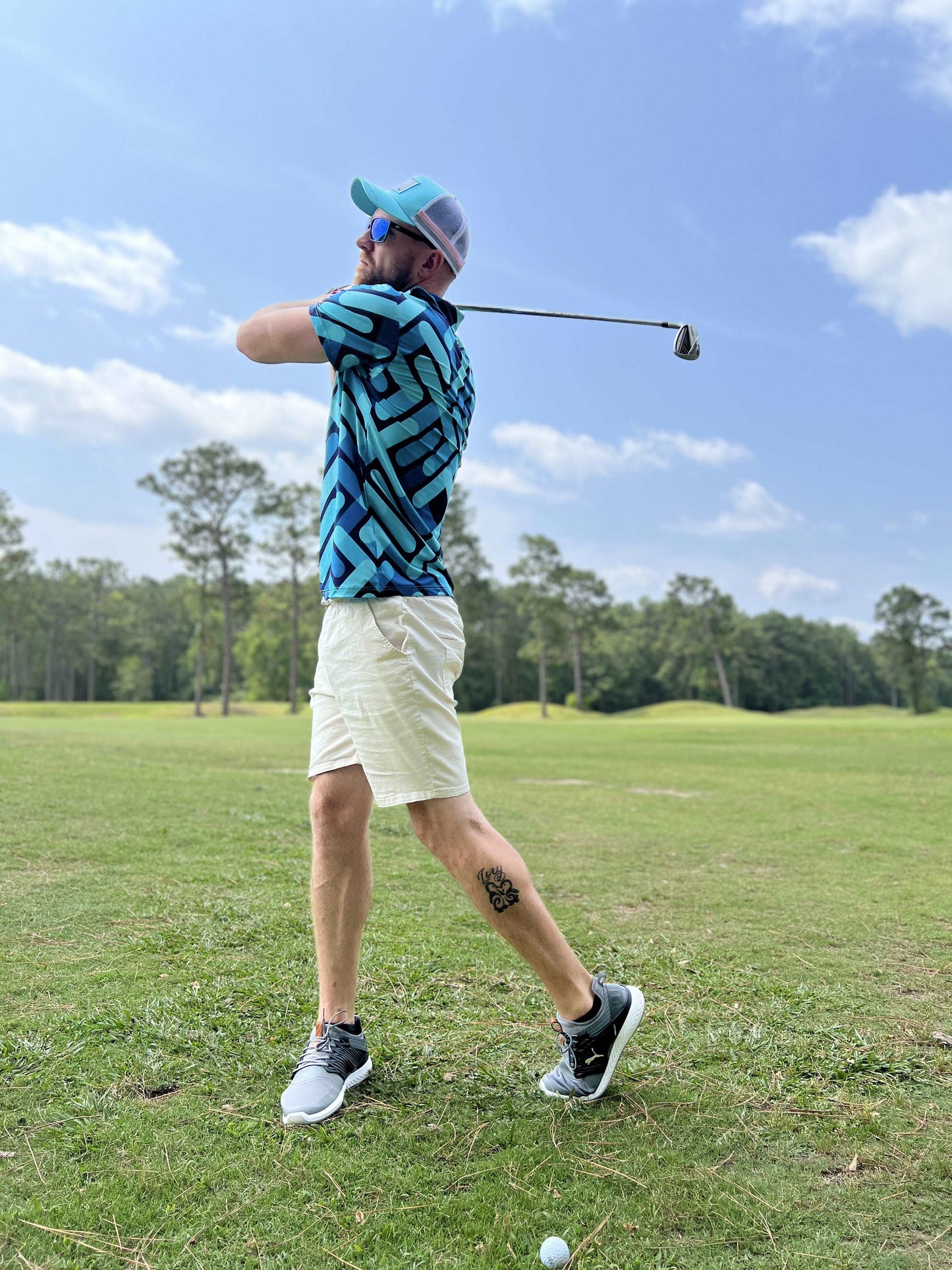 color shades of blue golf shirt. blue golf polo. unique blue pattern golf shirt
