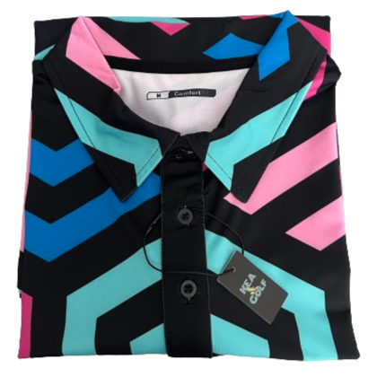 Pink, black and blue golf shirt with hexagonal pattern. cheap golf shirt. fun golf polo for men. fun design golf polo.