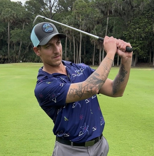 KEA Golf Men's Athletic Fit Golf Shirt "KEA Paradise". blue golf shirt with bird pattern. cheap golf shirts for men