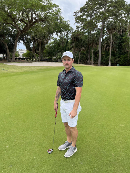 Cyan and Black golf shirt with geometric pattern. black golf shirt. black golf polo. cheap golf shirts