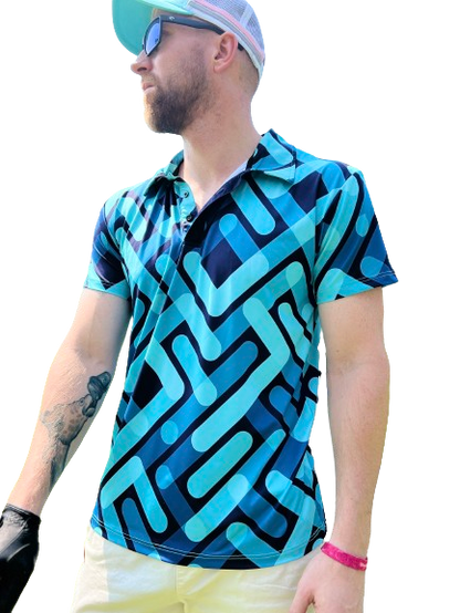 color shades of blue golf shirt. cool pattern blue golf polo.