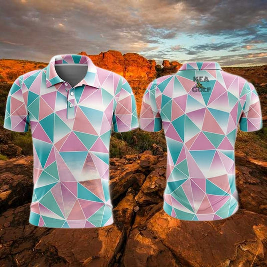 Cyan and Pink golf shirt with triangular pattern. pink golf polo. cool golf shirt. fun pattern golf shirt
