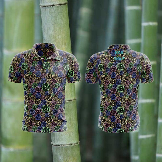 multi colored fun golf shirt with dandelions. multi colored golf polo