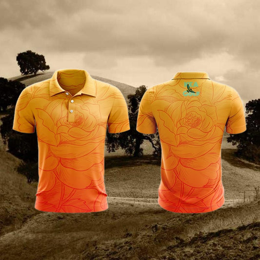 color fade orange golf shirt with floral pattern