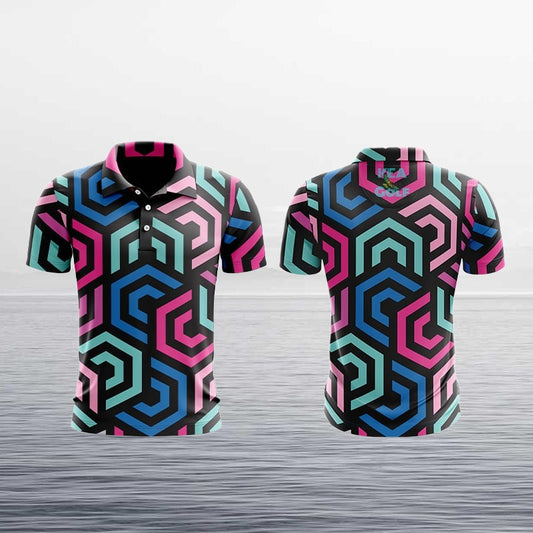 Pink, black and blue golf shirt with hexagonal pattern. cheap golf shirt. fun golf polo for men. fun design golf polo.