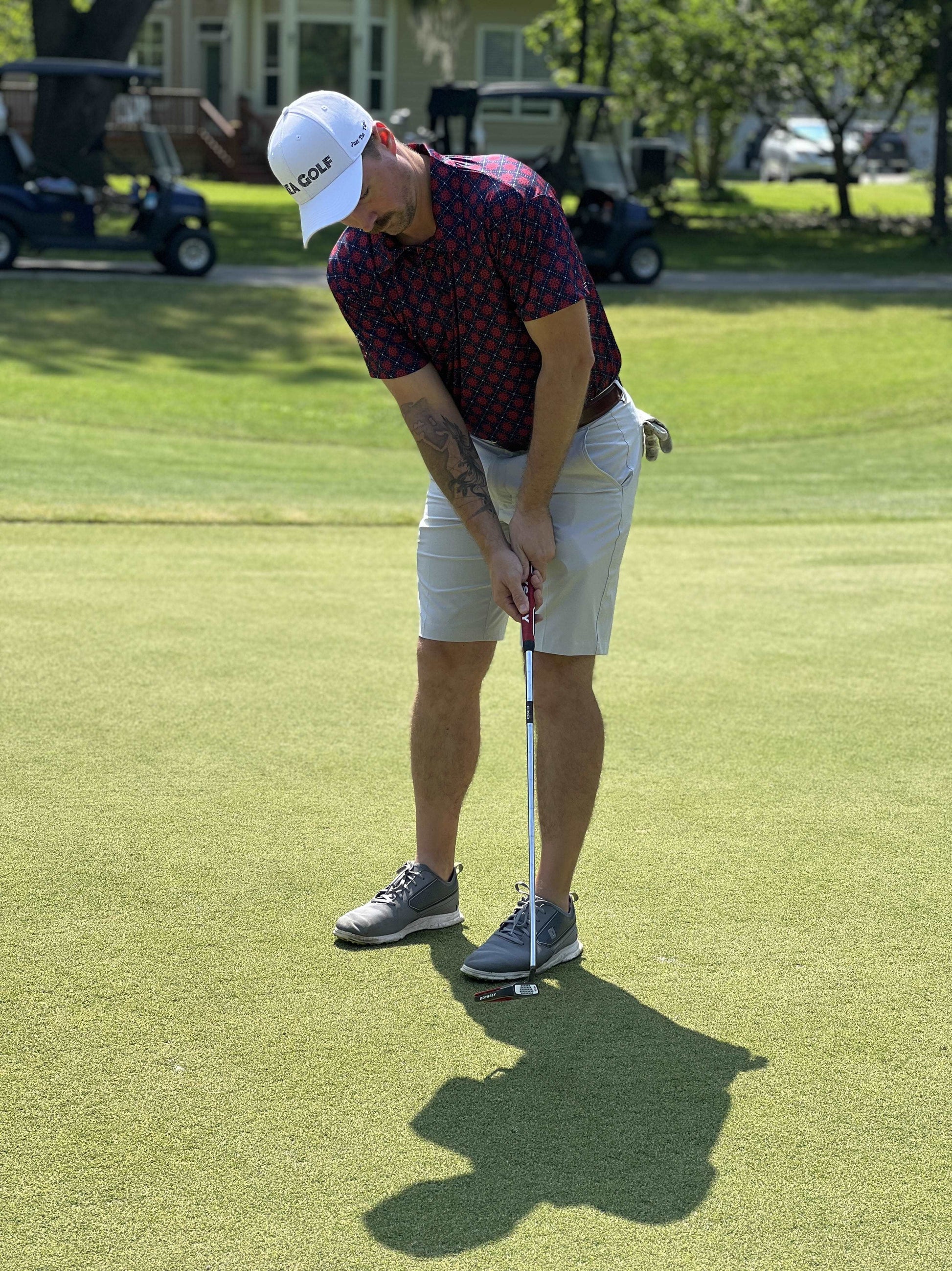Red, White, and blue golf shirt with 1776 on shoulder. american golf shirt. patriotic golf shirt. red golf polo, blue golf polo. fun pattern golf shirt