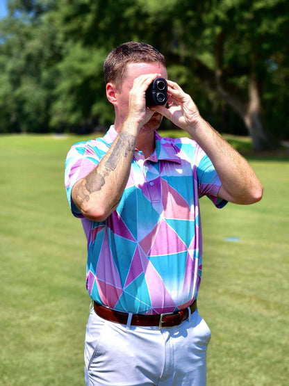 KEA Golf Men's Golf Shirt "Pink Pinseeker". pink golf polo. pink pattern golf polo. blue golf shirt. cheap golf shirts