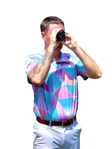 Cyan and Pink golf shirt with triangular pattern. pink golf polo. cool golf shirt. fun pattern golf shirt