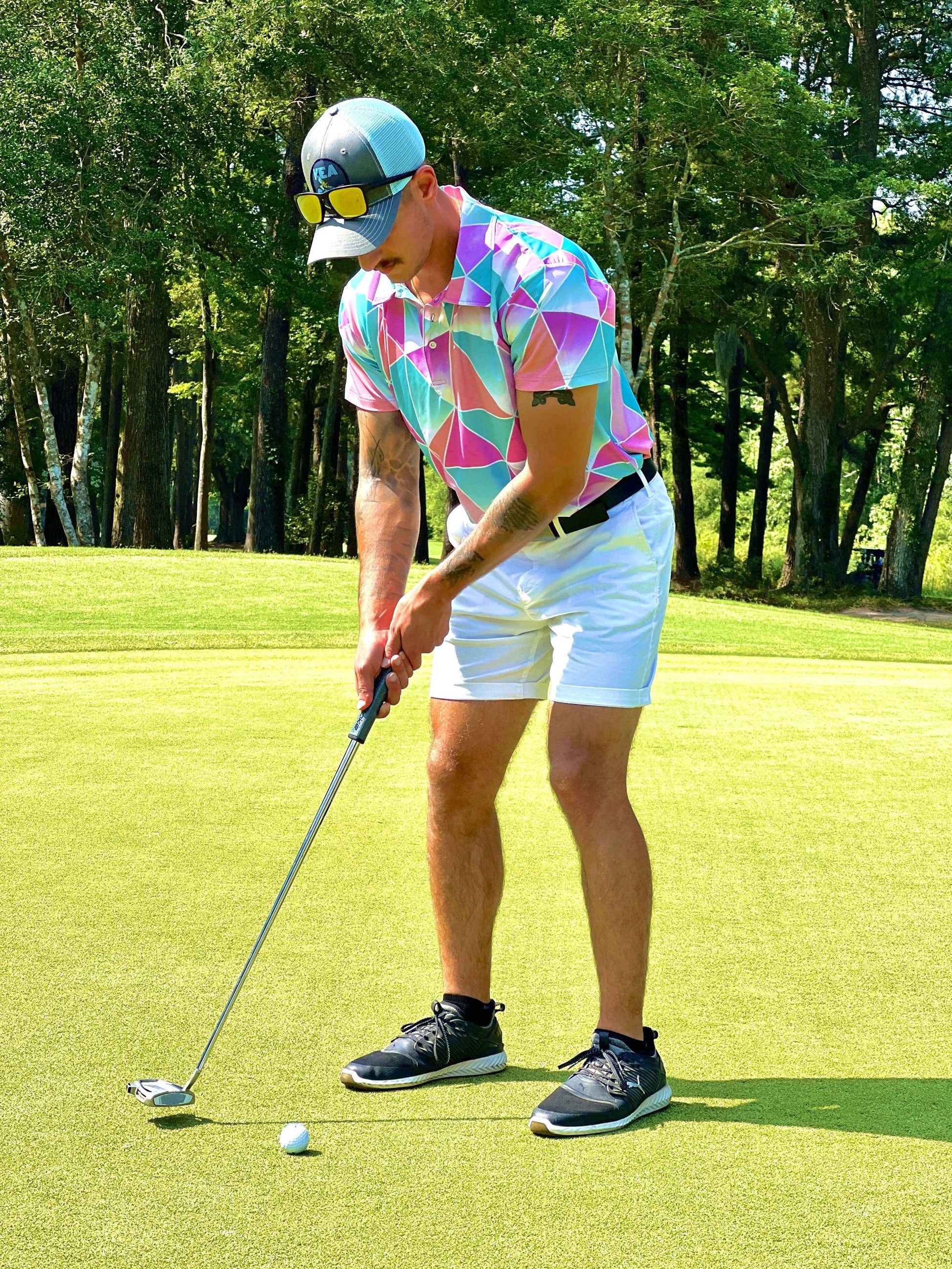 Pink and Cyan golf shirt with triangular pattern. pink golf polo. blue golf polo. cheap golf shirts