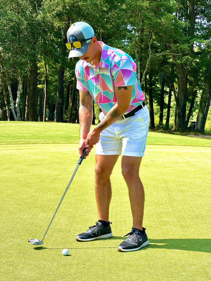 Pink and Cyan golf shirt with triangular pattern. pink golf polo. blue golf polo. cheap golf shirts