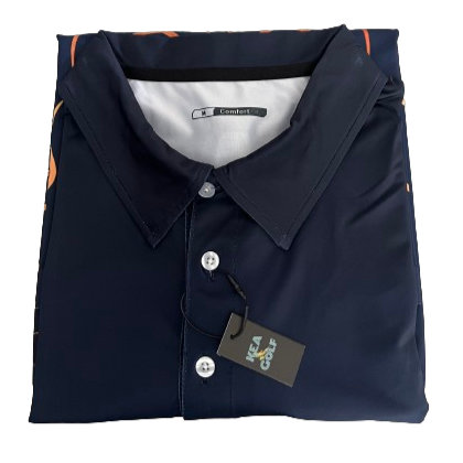navy blue golf shirt with gold floral design. blue and gold golf polo
