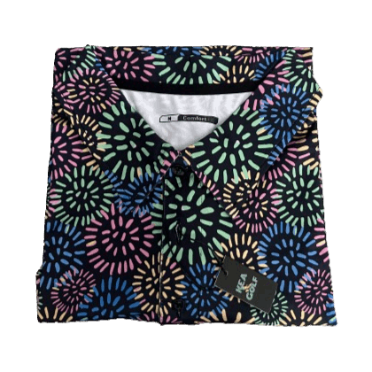 multi colored fun golf shirt with dandelions. multi colored golf polo