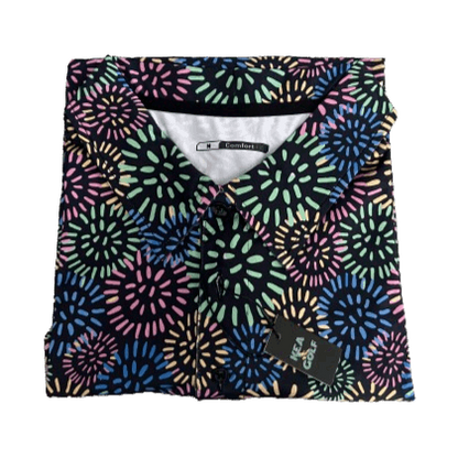 multi colored fun golf shirt with dandelions. multi colored golf polo
