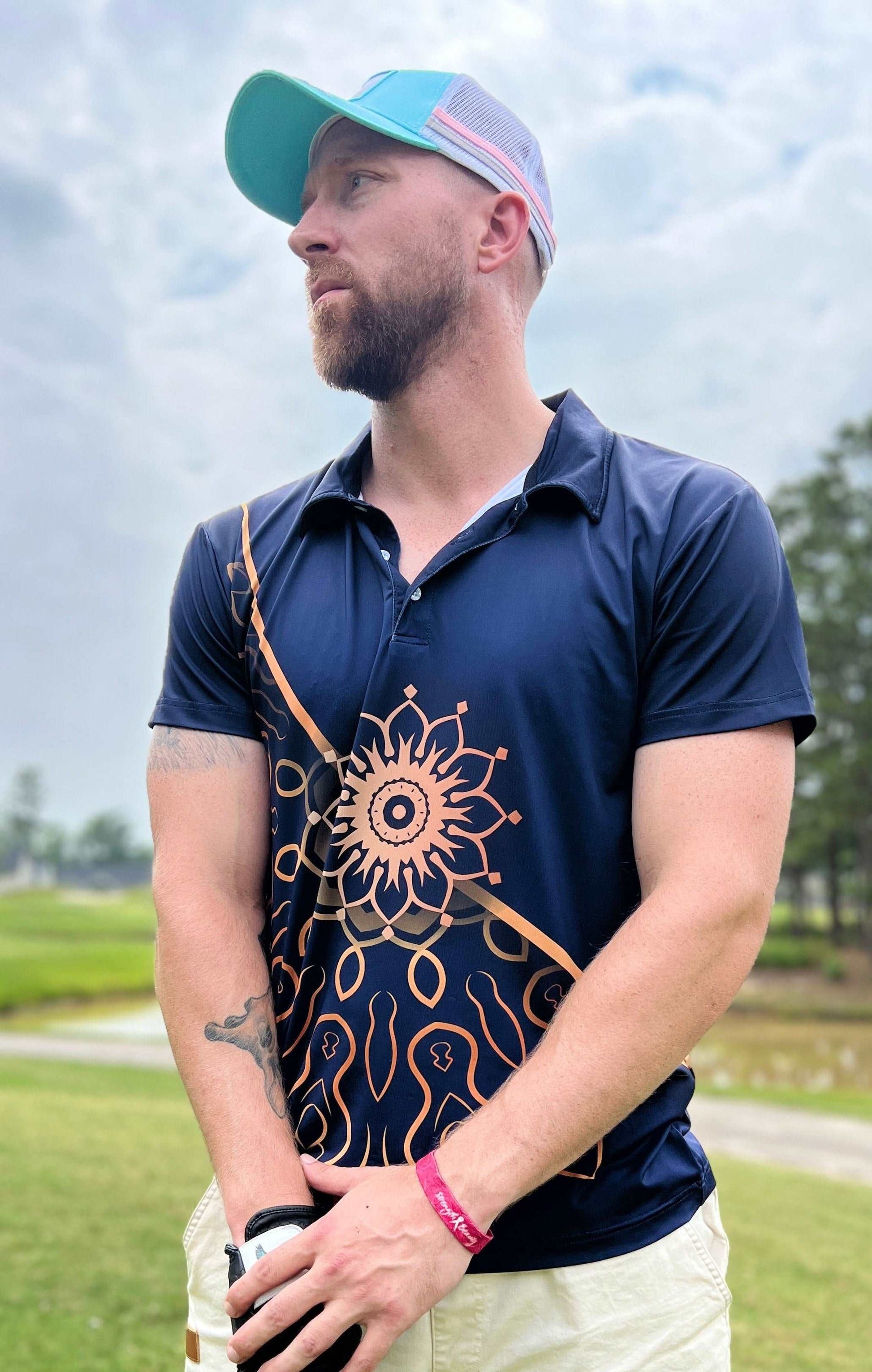 navy blue golf shirt with gold floral design. blue and golf golf polo. cheap golf polo