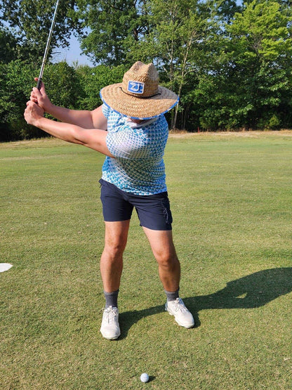 blue and white dotted golf shirt "spot-on birdie" by kea golf. white golf polo. blue polo. cheap golf shirts