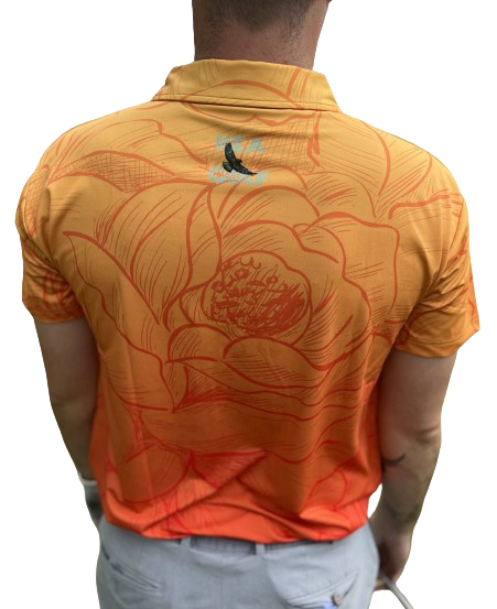 color fade orange men's golf shirt with floral pattern