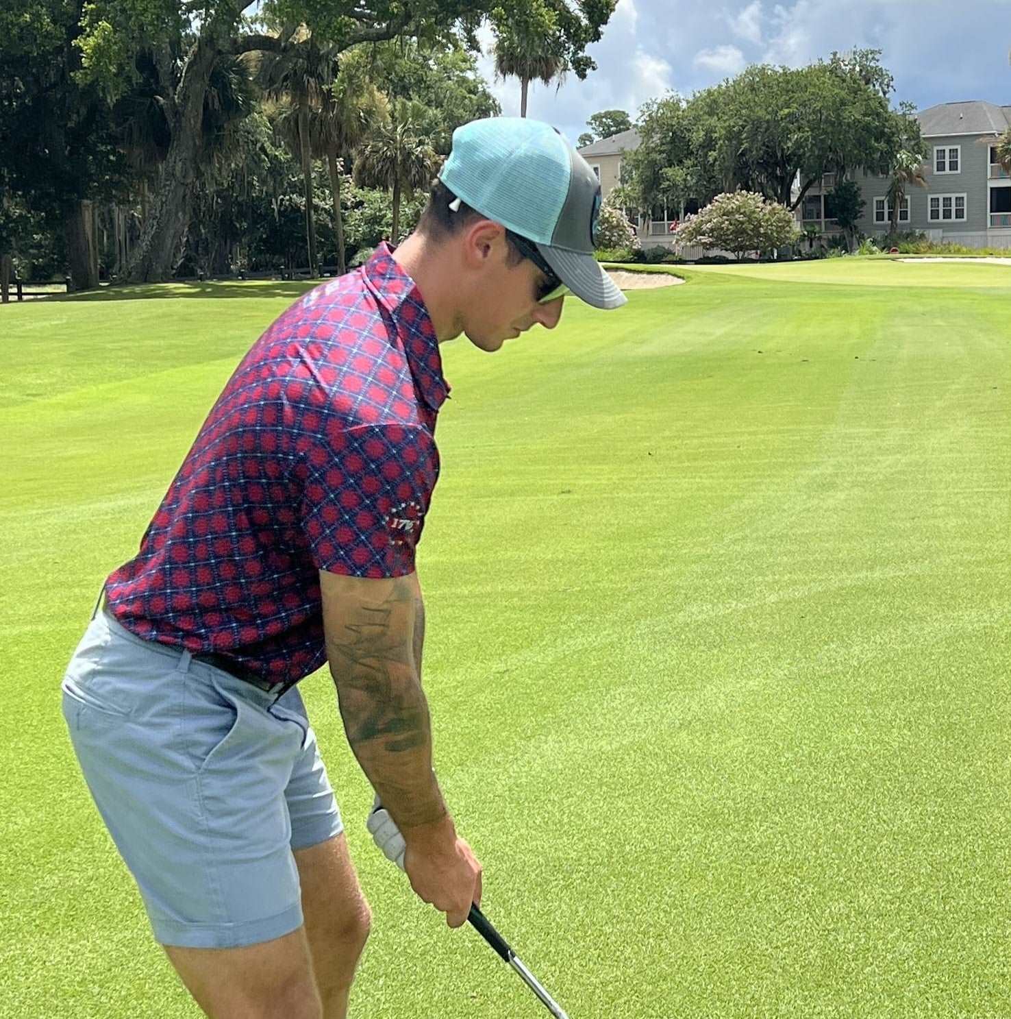 Red, White, and blue golf shirt with star pattern. fun pattern golf shirt. cheap golf shirts.