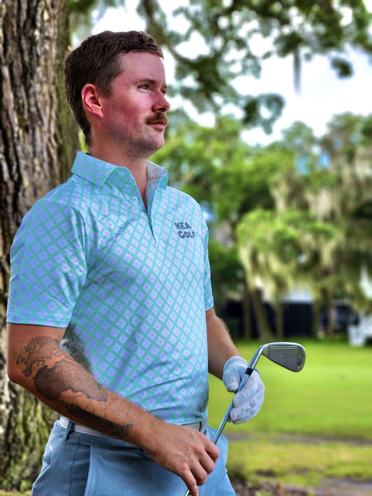 White and Seafoam Green golf shirt with geometric pattern. green golf shirt. white golf shirt. cheap golf shirts. 