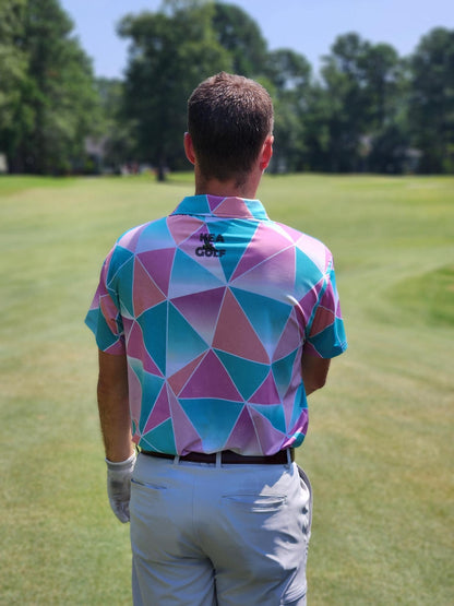 Pink and Cyan golf shirt with triangular pattern. pink golf polo. pink and blue golf shirt. cheap golf shirts