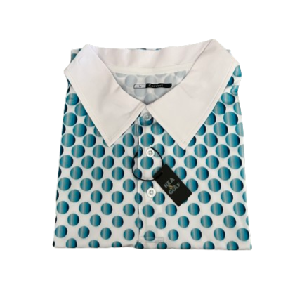 white and blue dotted golf shirt "spot-on birdie" by kea golf. white golf shirt. blue golf polo. cheap golf shirts