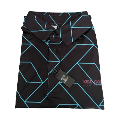 Cyan and Black golf shirt with geometric pattern. black golf shirt. black golf polo. cheap golf shirts