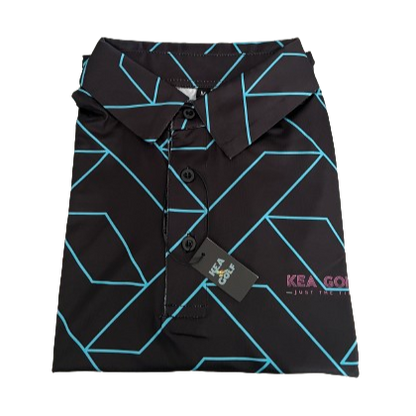 Cyan and Black golf shirt with geometric pattern. black golf shirt. black golf polo. cheap golf shirts