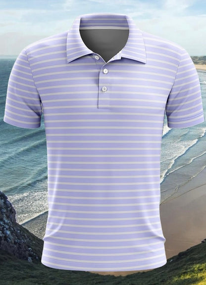 2024 KEA Golf “Spring Classic” grey and violet horizontal pattern Golf polo. purple golf shirt. violet golf polo. cheap golf shirts for men
