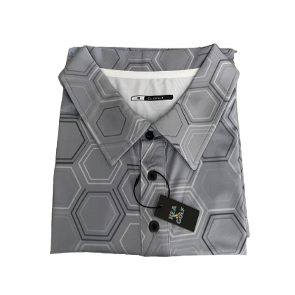 2024 KEA Golf “Graphite Grid” grey with subtle hexagonal pattern Golf polo (front). grey golf shirt. grey golf shirt for large men