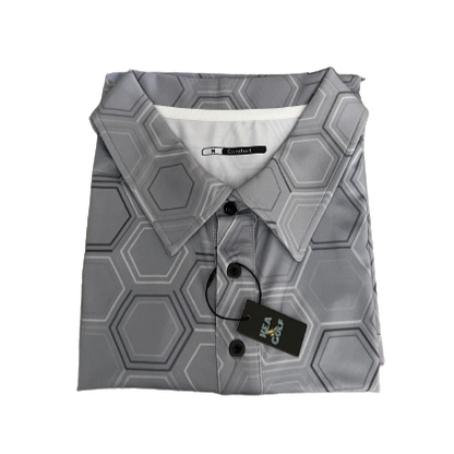 2024 KEA Golf “Graphite Grid” grey with subtle hexagonal pattern Golf polo (front). grey golf shirt. grey golf shirt for large men