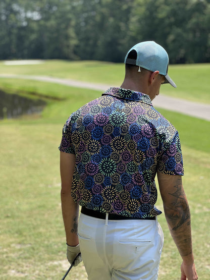 fun golf shirt, multi-colored golf shirt, dandelion golf shirt, cool golf shirt, fun golf polo