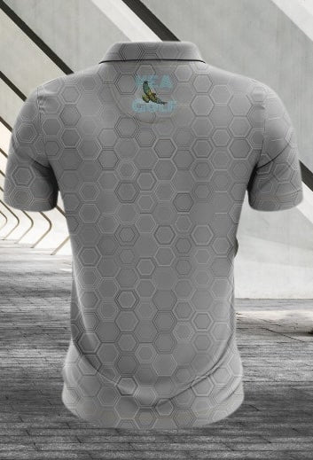 2024 KEA Golf “Graphite Grid” grey with subtle hexagonal pattern Golf polo. grey golf shirt. grey pattern golf shirt