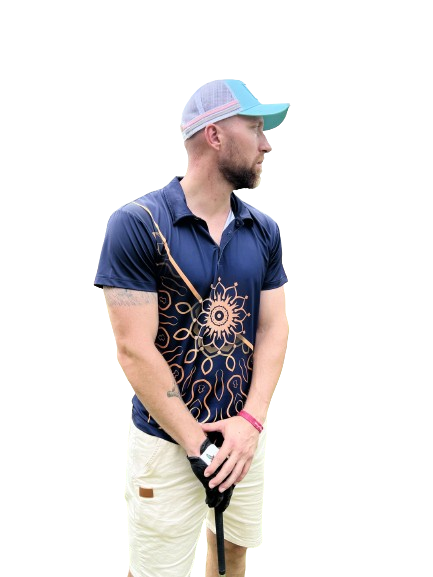 navy blue golf shirt with gold floral design. blue and gold golf polo