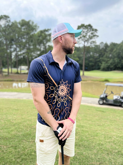 navy blue golf shirt with gold floral design. blue and gold golf polo. cheap golf shirts