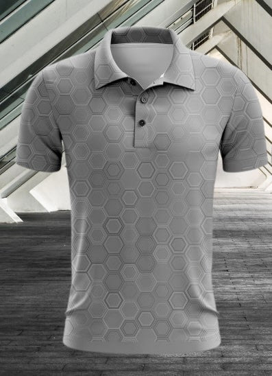 2024 KEA Golf “Graphite Grid” grey with subtle hexagonal pattern Golf polo (front). grey golf shirt. grey golf shirt for large men