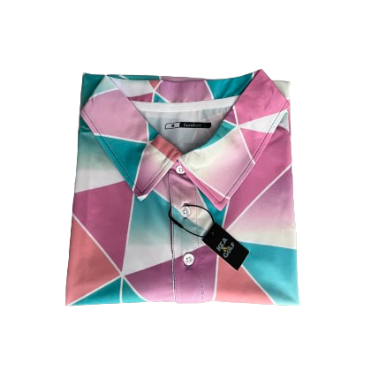 Cyan and Pink golf shirt with triangular pattern. pink golf polo. cool golf shirt. fun pattern golf shirt
