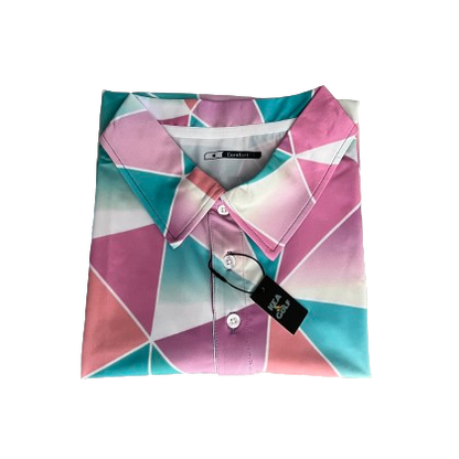 Cyan and Pink golf shirt with triangular pattern. pink golf polo. cool golf shirt. fun pattern golf shirt