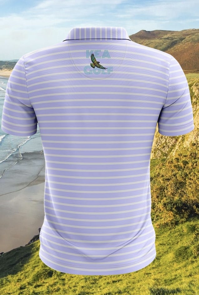 2024 KEA Golf “Spring Classic” grey and violet horizontal pattern Golf polo (back). purple golf shirt. violet golf polo. cheap golf shirts for men