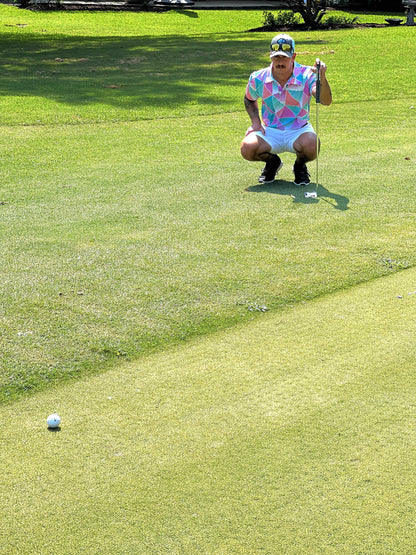 Pink and Cyan golf shirt with triangular pattern. pink golf polo. blue golf polo. cheap golf shirts