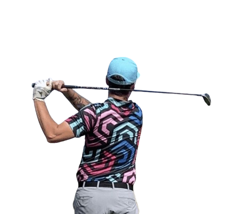Pink, black and blue golf shirt with hexagonal pattern. cheap golf shirt. fun golf polo for men. fun design golf polo.