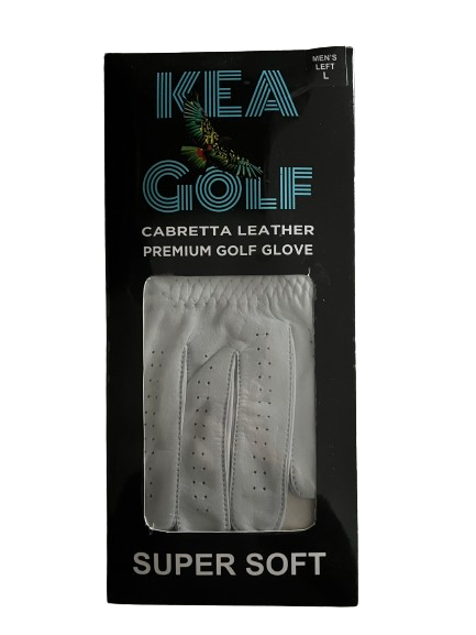 Introducing our 2024 premium KEA Golf Cabretta Leather Golf Gloves. Crafted to perfection, each glove is adorned with our iconic KEA Golf on the tab. Available in both classic white and blue camo, our gloves cater to both left and right handed golfers in sizes medium, large, and extra large. Shown white glove in custom packaging