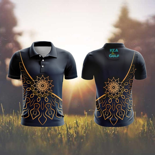 navy blue golf shirt with gold floral design. blue and gold golf polo