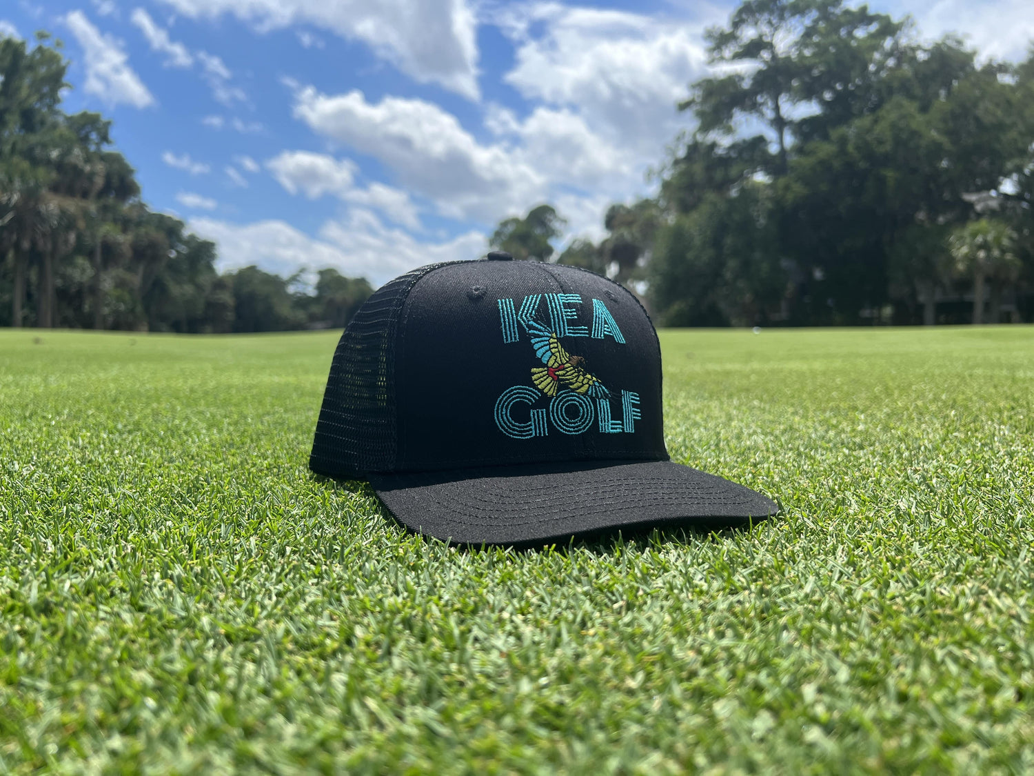Men's Golf Hat, KEA Golf Apparel "The Shadow" Golf hat. black golf hat. black flat bill golf hat with mesh backing